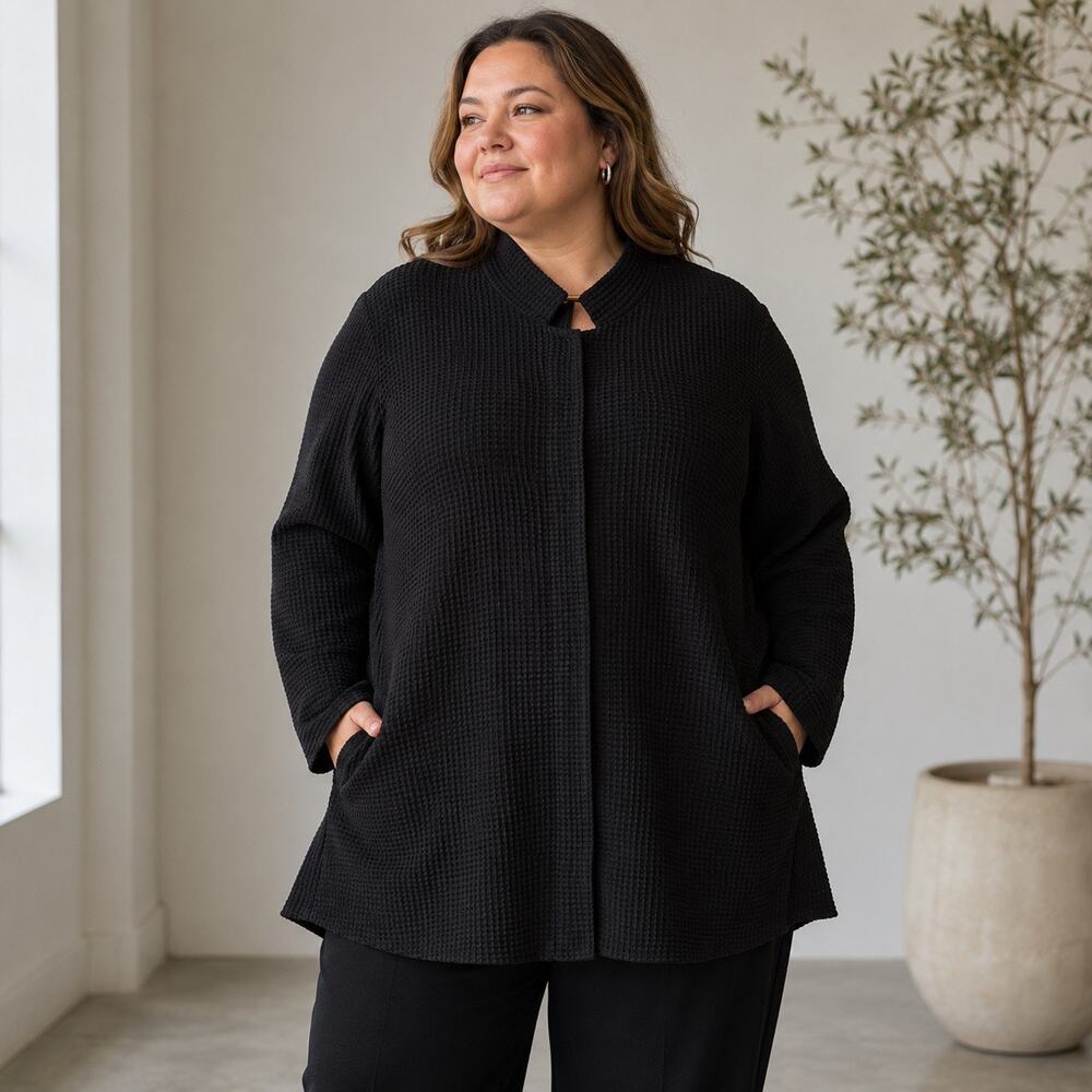 Eileen Fisher Italian Fabric Texture Knit Black Jacket Sz2x Modern Minimalist